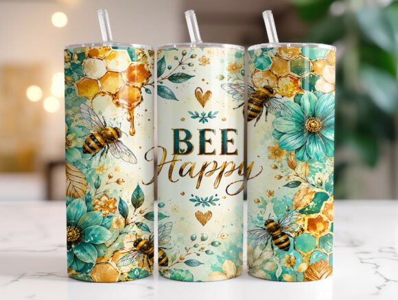 Bee Happy Floral 20oz Tumbler Wraps PNG