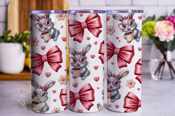 Cute Bunny Coffee Pink Bow Tumbler Wrap