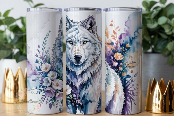 Ethereal White Wolf Floral Tumbler Wrap