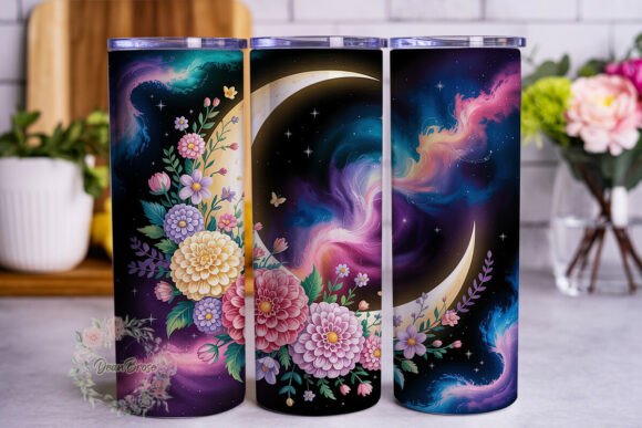 Floral Cosmic Moon Tumbler Wrap PNG